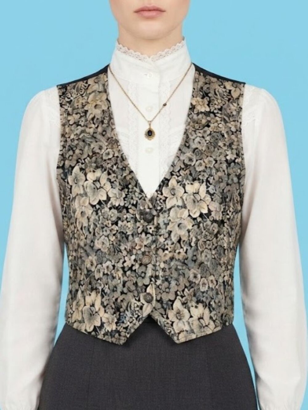 Vintage Black & Cream Floral Jacquard V-Neck Vest